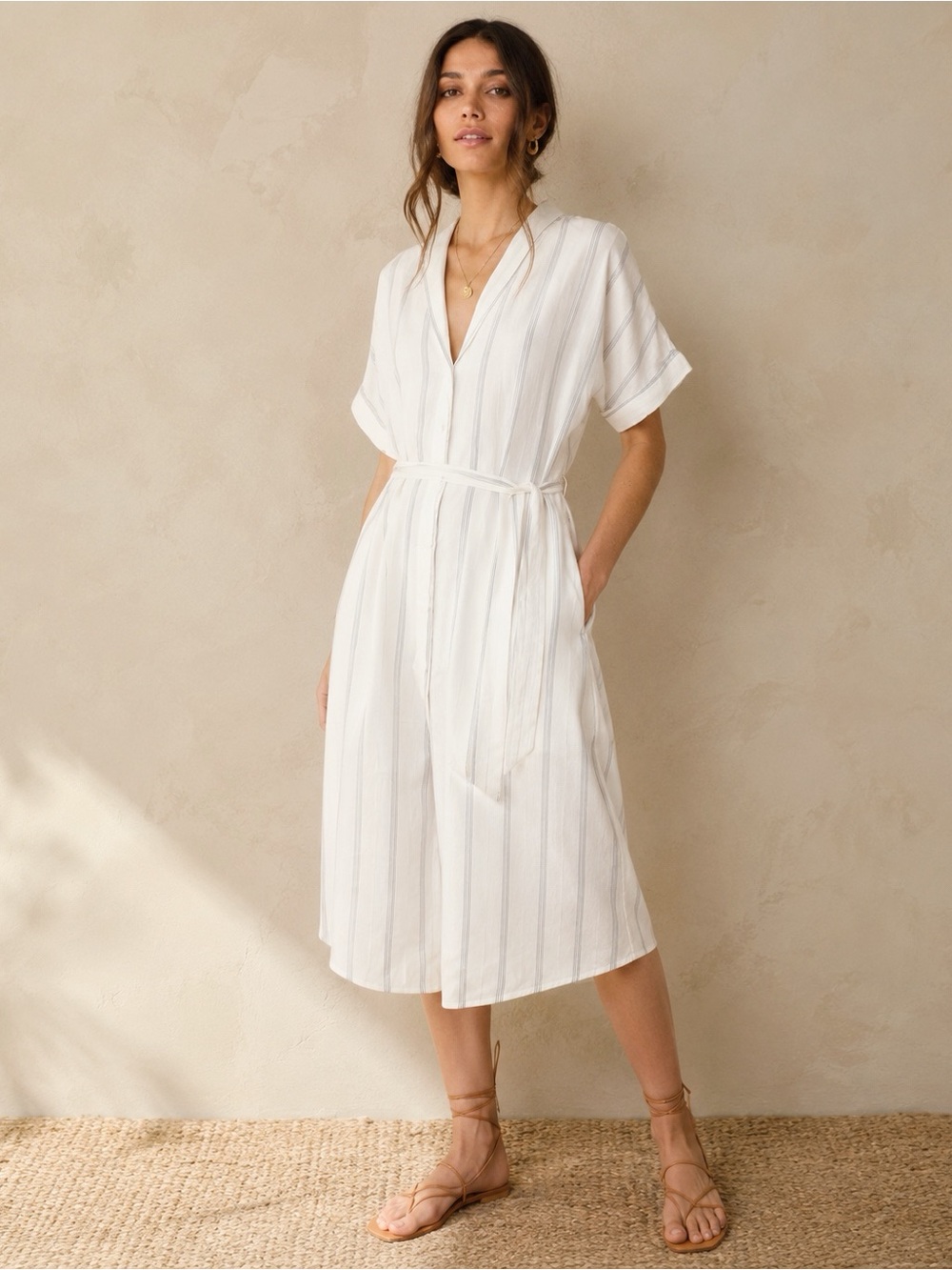Gentle Fawn Woman Off-White Pinstripes Button Down Relax Shirt Midi Dress SMALL